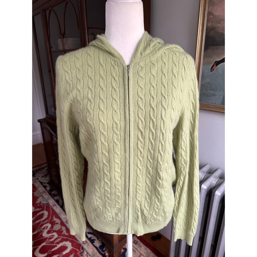 Charter Club Cashmere Hoodie Sage Green Cable Knit Zip Up Sweater Womens M/L